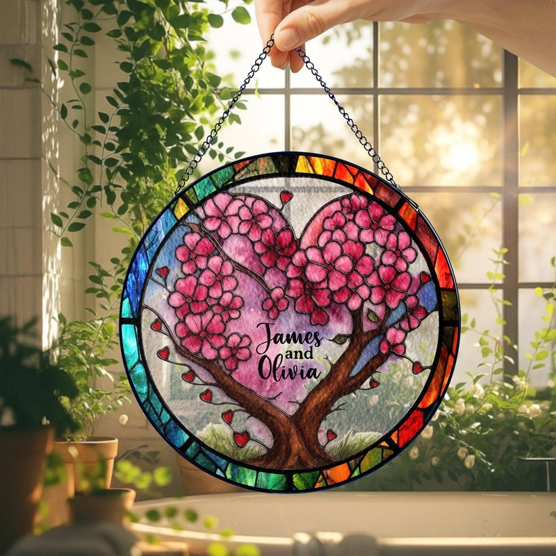 Personalized Couple Tree Heart Stained Glass Suncatcher, Custom Name Window