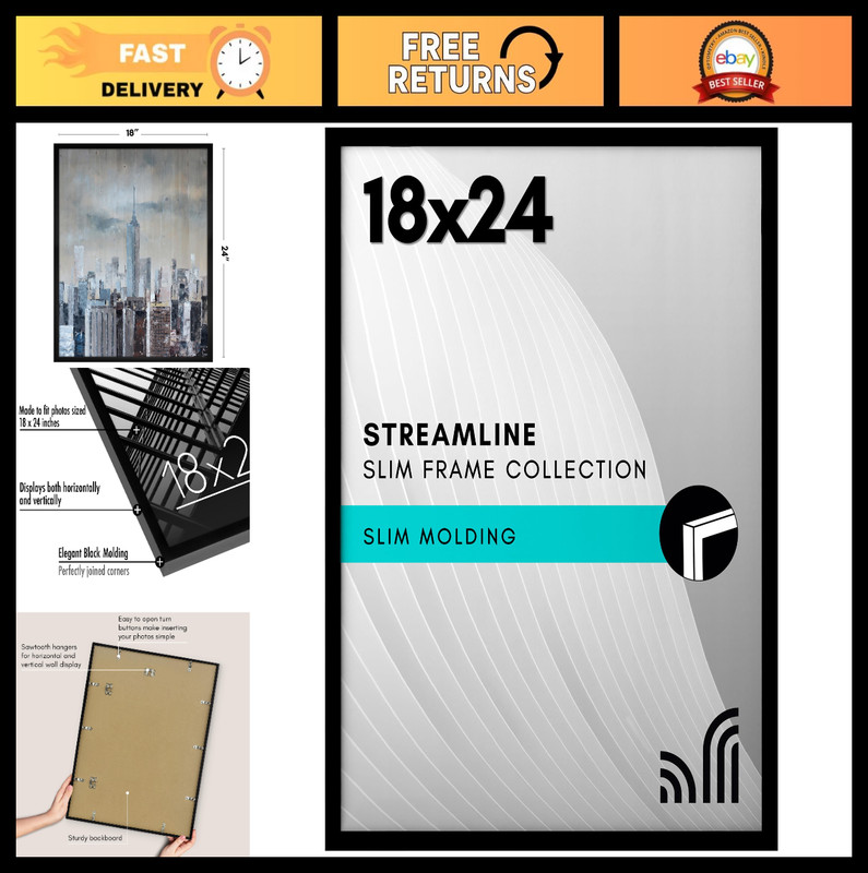 18x24 Black Poster Frame with Polished Plexiglass - Thin Border Wall Display, Ha