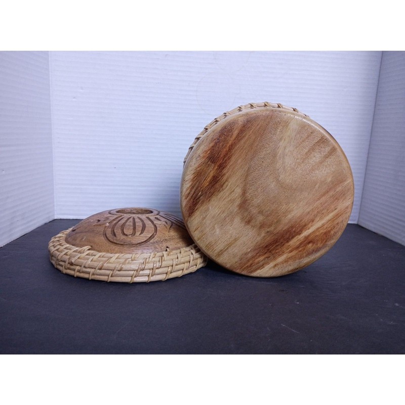 Vintage Indonesian Natural Carved Wood and Rattan Basket Tissue Dispenser gallery