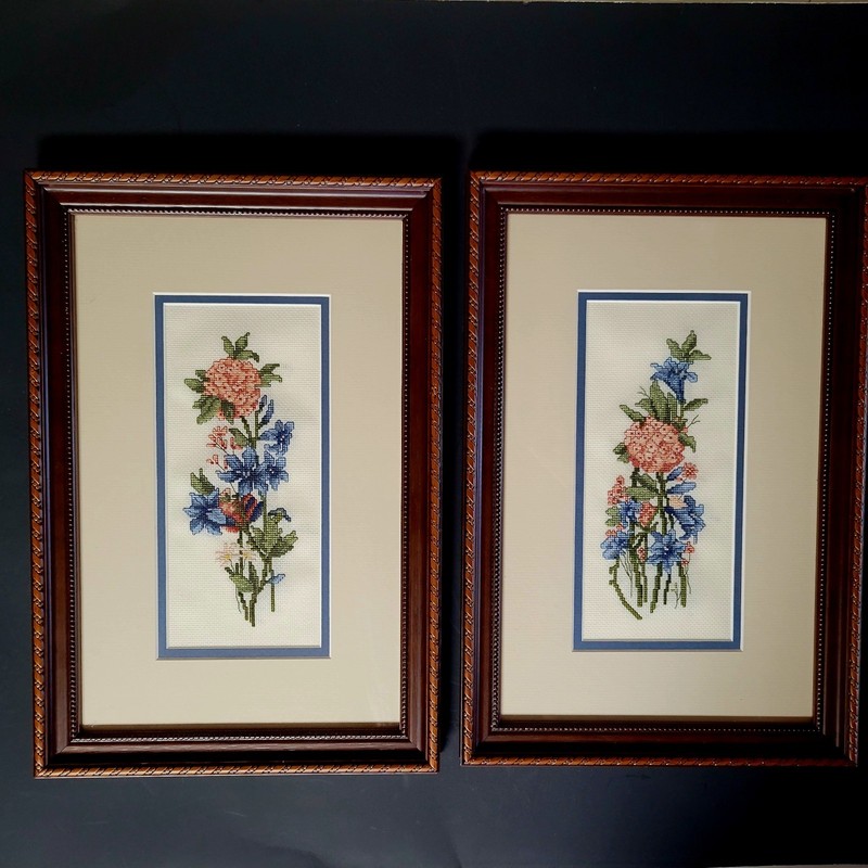 2 Cross Stitch Wall Art Spring Flowers Vintage Matted Wood Frames Glass
