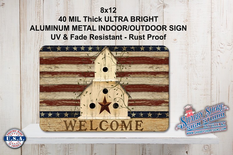 Rustic Welcome Country Home Flag Birdhouse Metal Indoor/Outdoor Sign 8×12