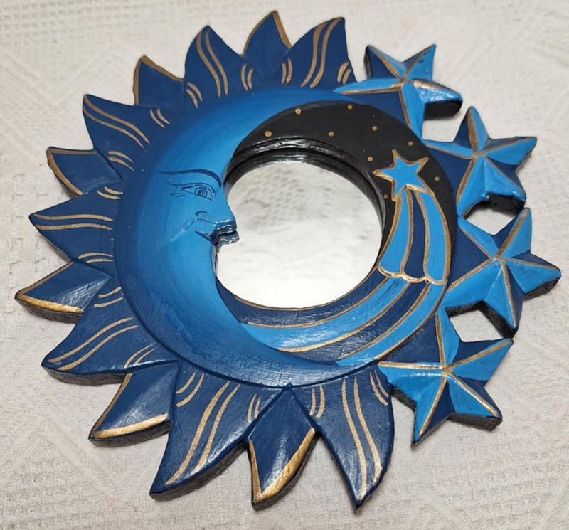 Vtg Celestial Accent Wall Mirror Hand Painted Wood Sun Moon Stars 1990s 8″x8″