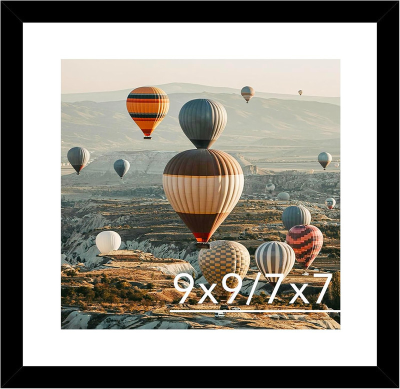 9X9 Picture Frame with Mat, Display 7X7 with Mat or 9 X 9 without Mat, Wood Squa