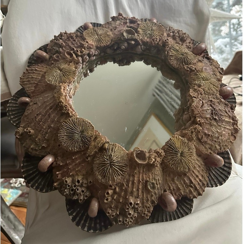 Seashell Mirror Wall Decor 15" Signed '02 Heavy round Hayes Parker Tan Beige gallery
