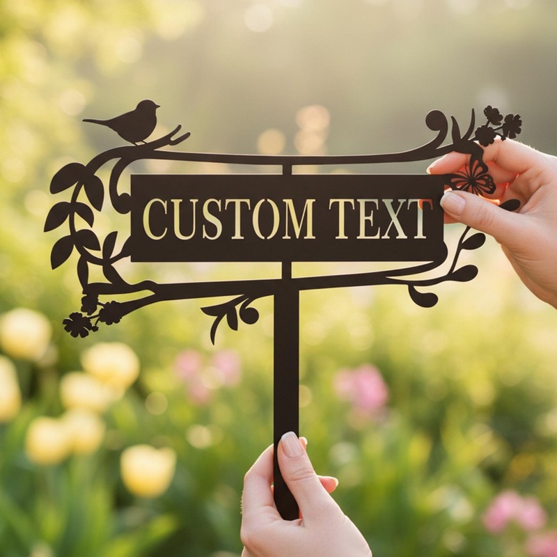 Custom Garden Sign with Stake Personalized Flower Design Metal Gardener Name