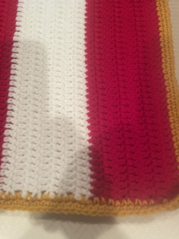 Hand Made Crochet USA Flag Blanket Stars Stripes Red White Blue Gold Trim 70X46” gallery