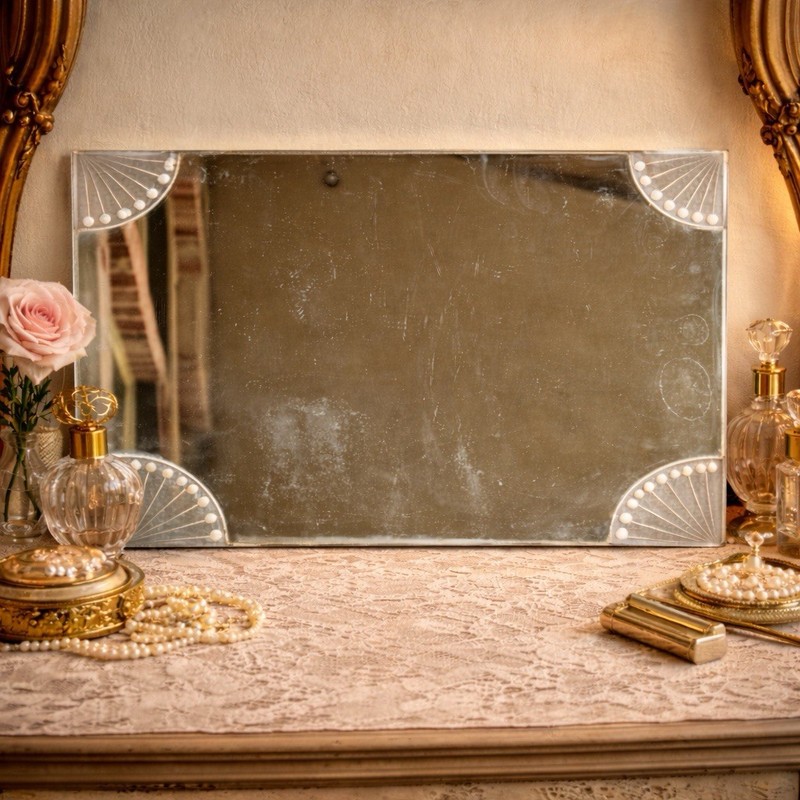 Rare VTG 18x10 Art Deco 1940s Vanity Tabletop Mirror Tray L.P.G. Co. Fan Corners