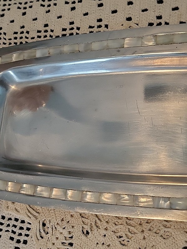 Handcrafted Mother of Pearl Inlay Silver Tone Tray Rectangular India Reflective gallery