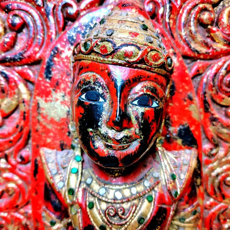 Vintage Thai Burmese Hand Carved Wood Buddha Wall Panels Set of 2 Red Gold 24x12 gallery