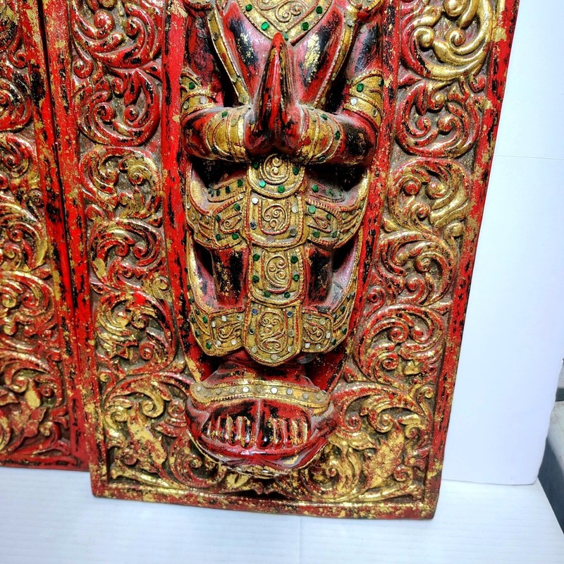 Vintage Thai Burmese Hand Carved Wood Buddha Wall Panels Set of 2 Red Gold 24x12 gallery