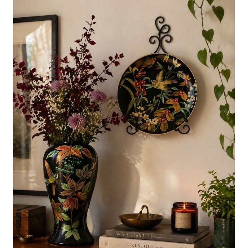 Vintage Black Chinoiserie Style Vase & Wall Plate Set Bird Floral Decor Bundle