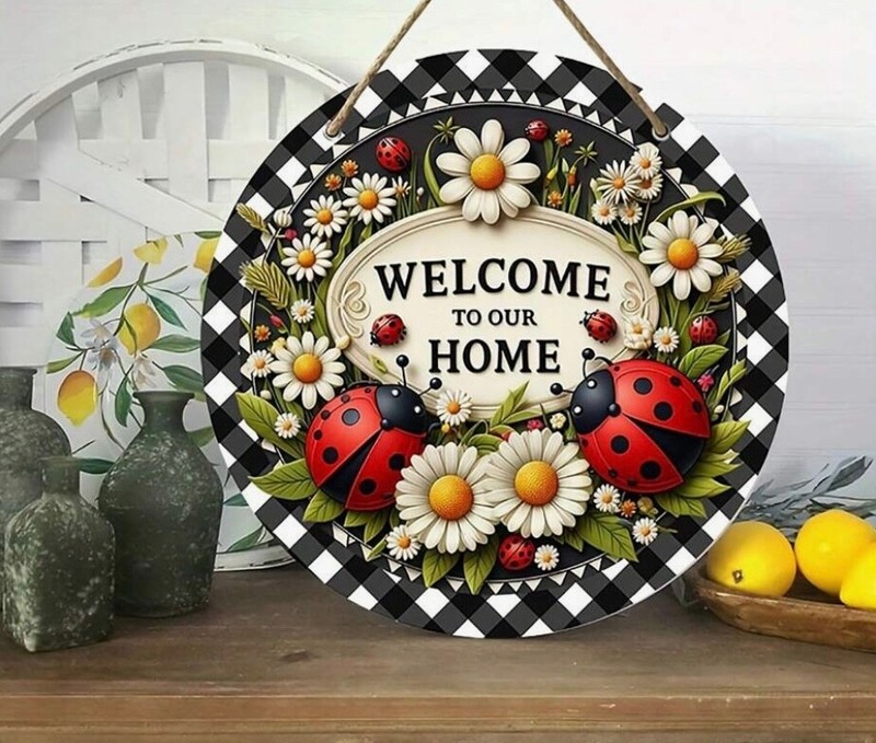 WELCOME Wooden Sign Wreath Center Spring Summer Lady Bug Daisy 8 x 8