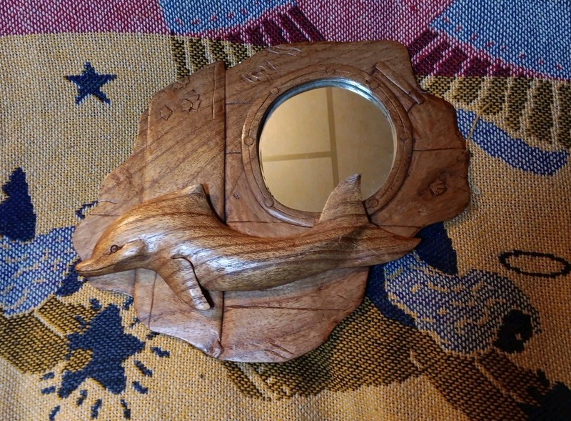 Vintage Folk Art Wood Dolphin Mirror Fun Ocean Salt Life Decor Sculpture Carving
