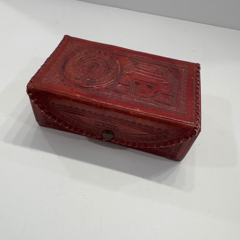 Vintage Mexican Leather Trinket Box Aztec Sun Stone Face Hand Tooled