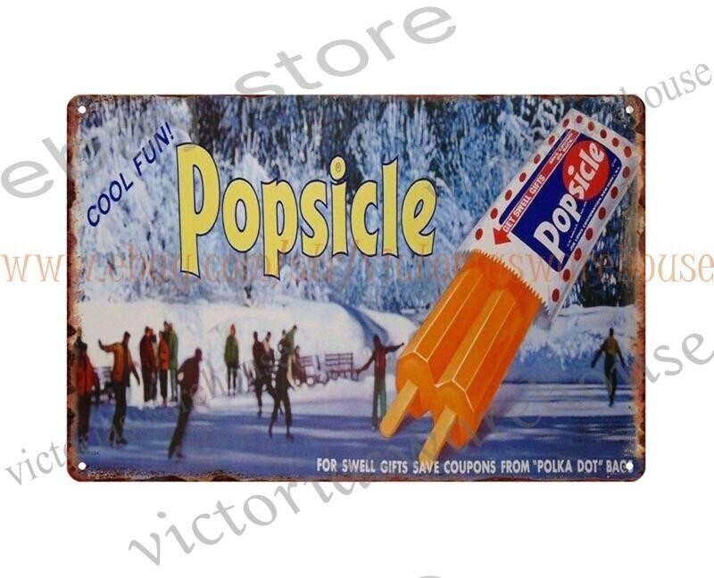 1960s Popsicle Ice Cream Snow Ice Skating metal tin sign garage shop wall art gallery