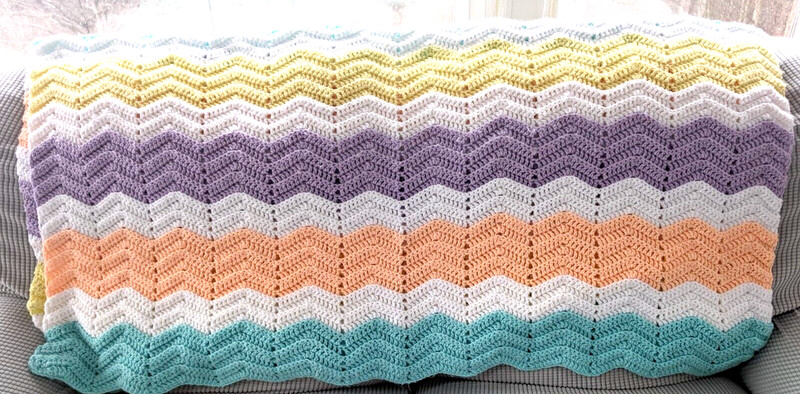 Afghan Crocheted Zigzag Aqua Purple Orange Yellow White Spring Colors 44″ x 52″