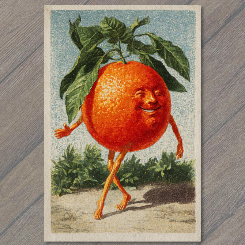Art Print Dancing Orange Man Vintage Fruit Character Whimsy Retro Cheerful