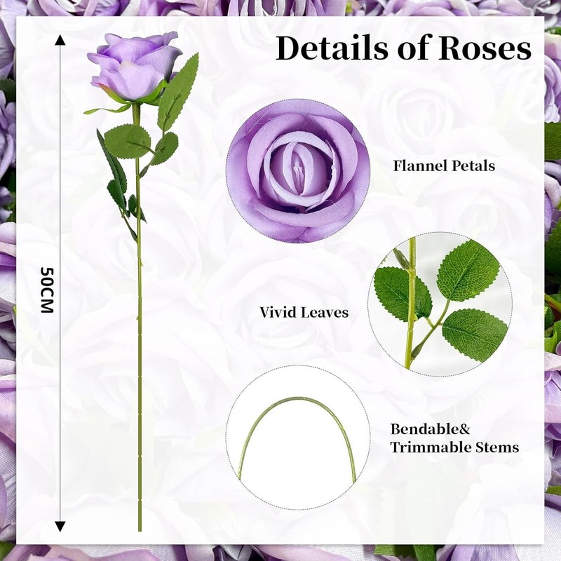 10PCS Artificial Roses Flower with Stems Slik Fake Flowers Light Purple gallery