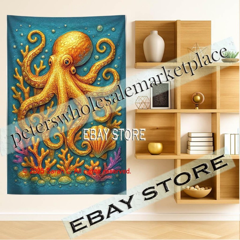 Octopus Fabric Art Ocean Depth deep sea 39X59 in