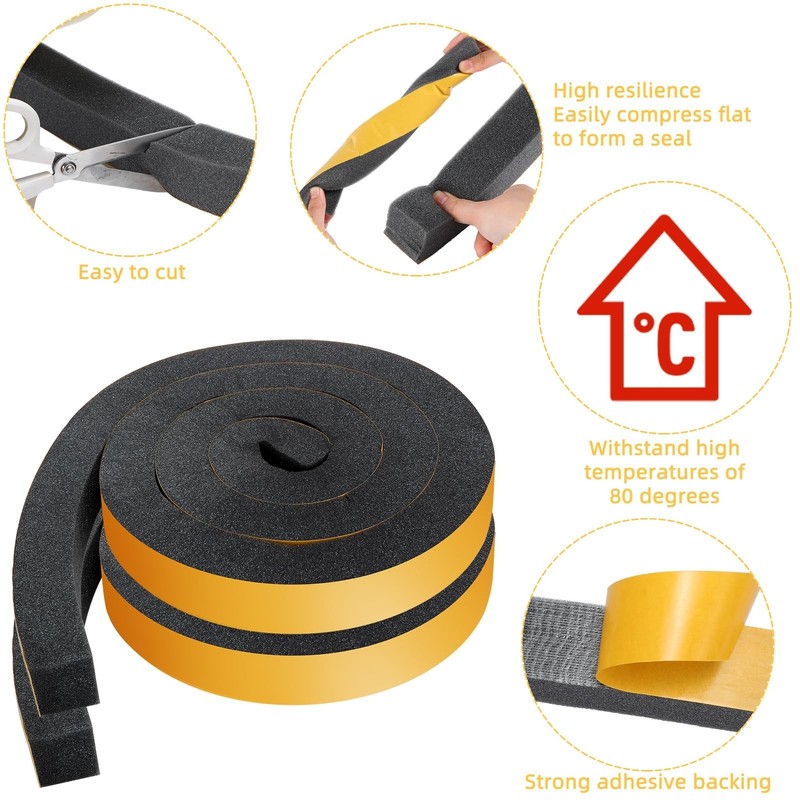 2 Rolls 1-1/2 Inch W x 1-1/2 Inch H Foam Weather Stripping with Adh... Fast Ship gallery