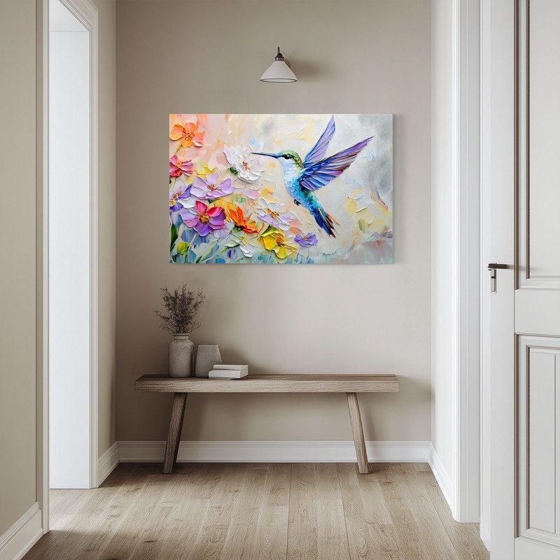 Hummingbird & Spring Wildflowers Pretty Painting Print on Canvas Wall Art Decor gallery