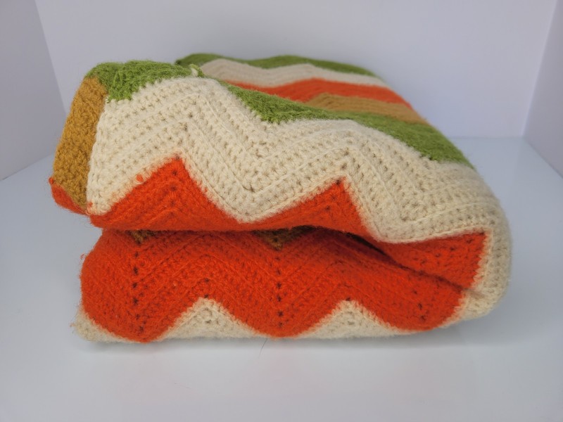 Vintage Handmade Crochet Sofa Couch Blanket 53"x42" Retro Green Orange White gallery