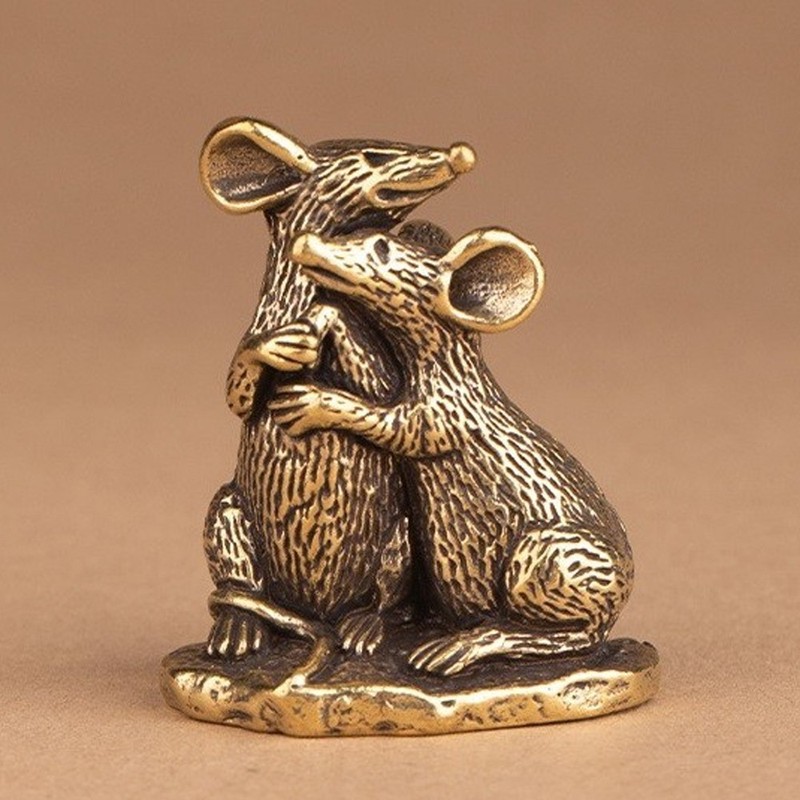 Brass Couple Mouse Animal Statue Small Sculpture Tabletop Figurine Decor Gifts