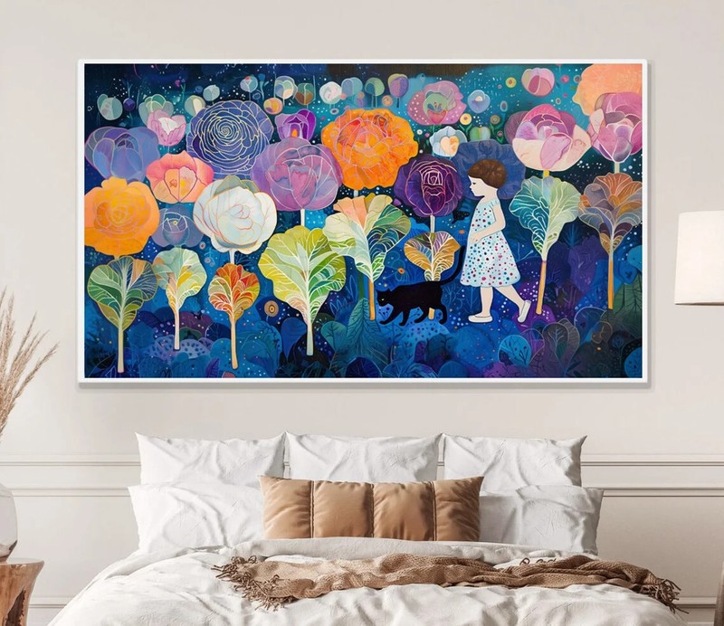 Enchanted Garden, Girl and a Cat Wall Art Canvas Print, Home & Office Décor