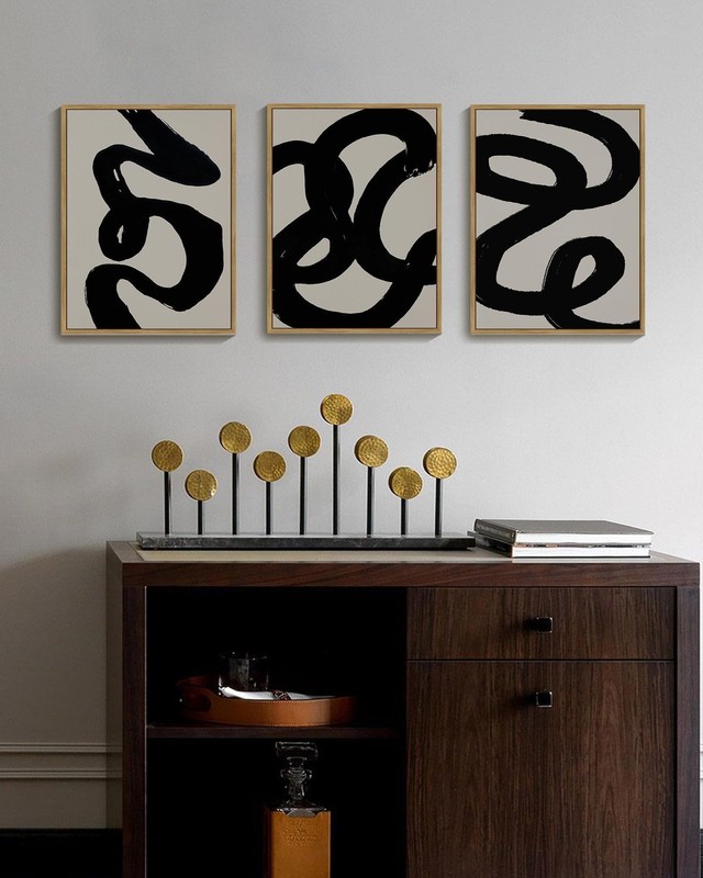 Black Abstract Wall Art Ink Wash Minimalist Lines Framed Canvas Painting Artw... gallery