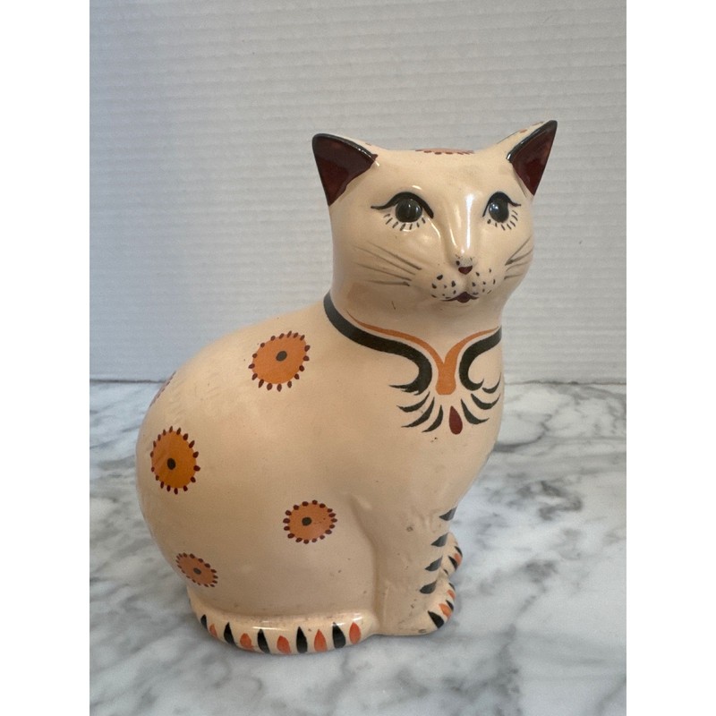 VTG Hand Painted Ceramic Cat Figurine Folk Art Glazed Pottery Cream Orange 7″