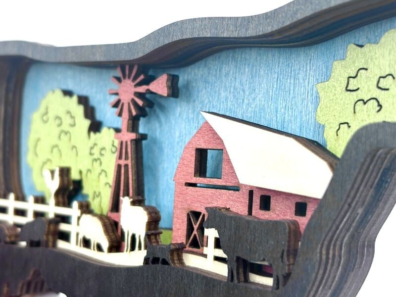 Country Farmhouse Decor Cow Farm Wood Wooden 3D Diorama Sculpture Figure New gallery