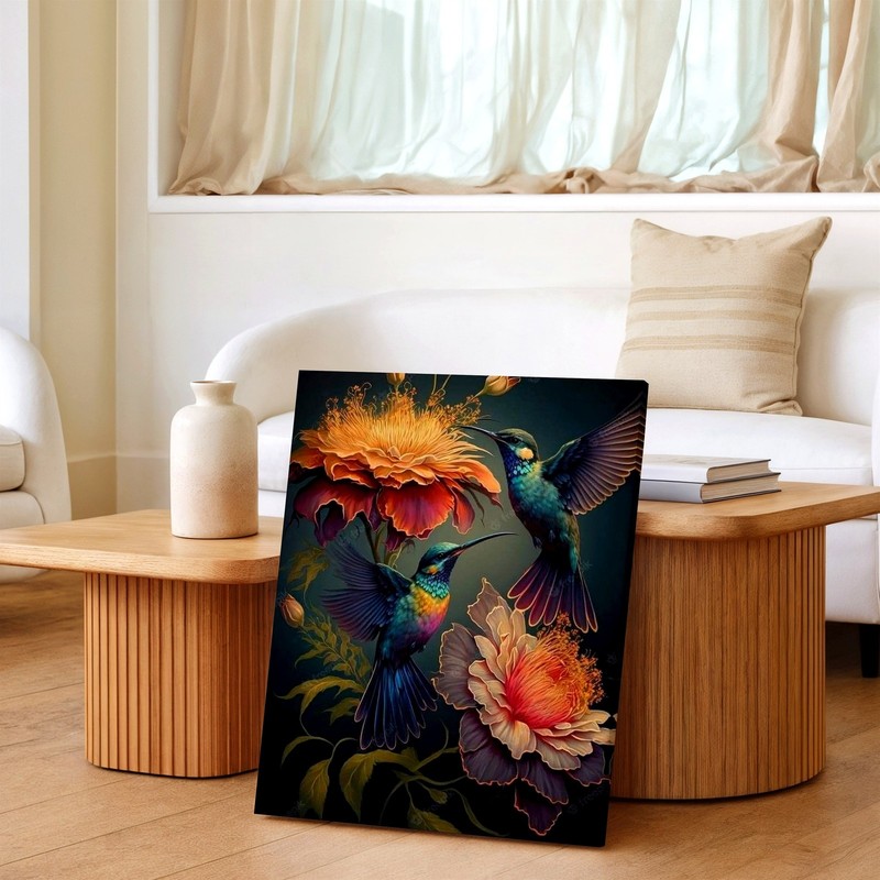 Wall Art Colorful Hummingbird Birds Floral Painting Print Dark Botanical Decor gallery