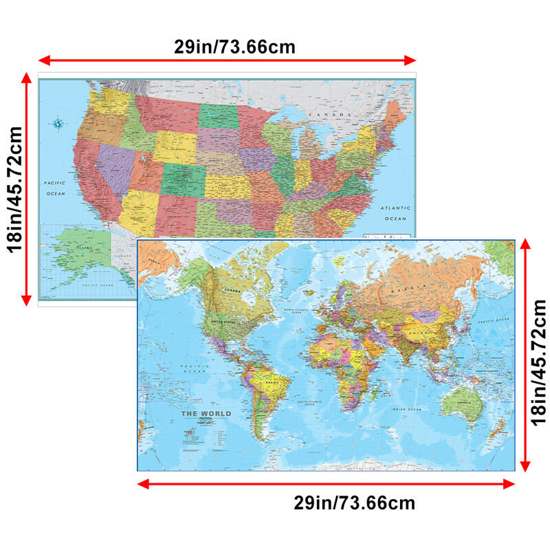 18*29 inch 2pack World Map & US Map Poster Set – Wall Chart Map of the World