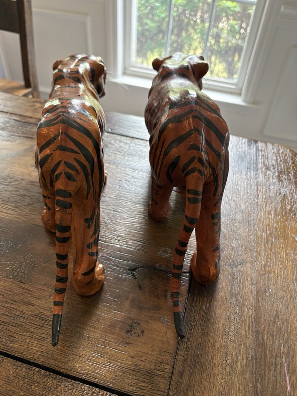Vintage Tiger Sculptures Pair Papier Mache Leather Wrapped Folk Art gallery