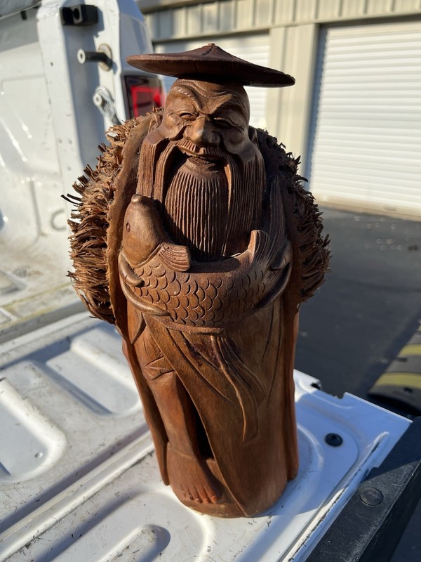 Hand Carved Bamboo Root Happy Fisherman Statue, Chinese Root Carving Vintage