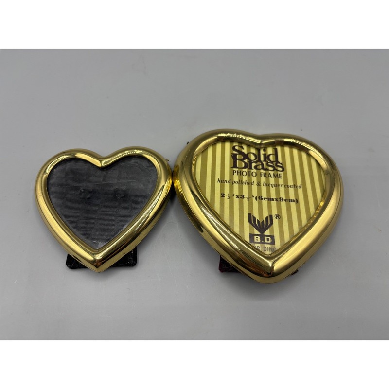 Vintage Solid Brass Heart Shaped Picture Frame Set Gold Polished Lacquer 2 Piece