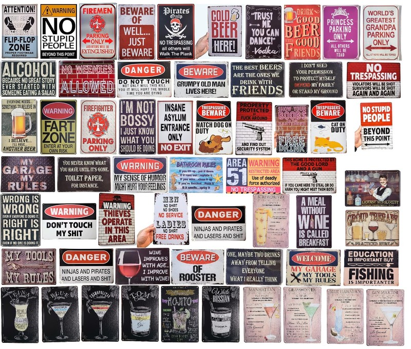Bulk Funny Bar Novelty Metal Tin Signs – Random Assortment (8″ x 12″) Garage Man