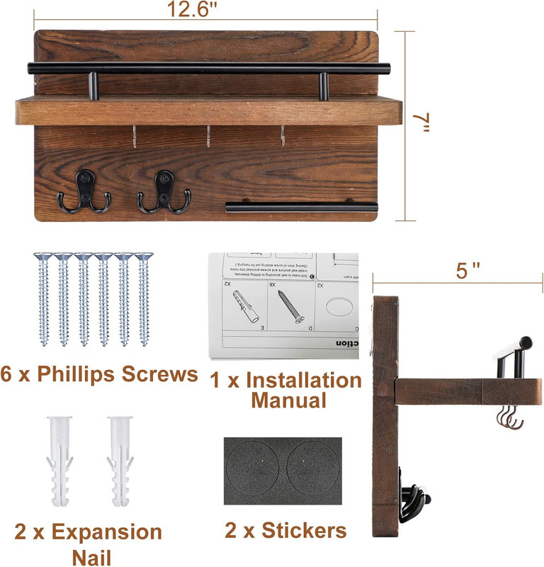 Wall Mounted Key Holder/Hangers for Wall Decorative with 5 Key Hooks, Wooden Mai gallery