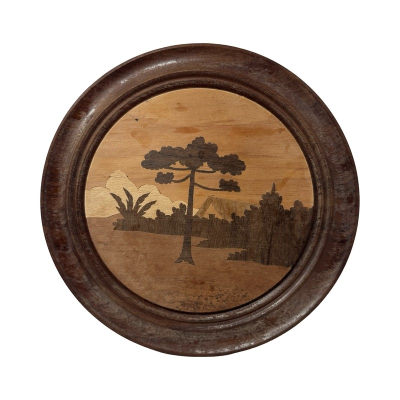 Vintage 60s Lembrancas Do Parana Brazil Wood Marquetry Wall Plaque Araucaria 8″