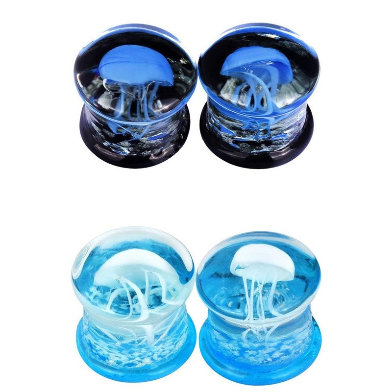Stuppendux 4 Style 2Set Color Ocean Jellyfish Glass Double Flared Ear Plugs T…