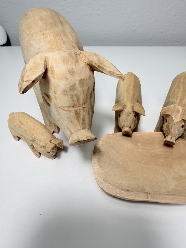 Hand Carved Wood Pig Family Set Folk Art Sow Piglets Rustic Farm Decor