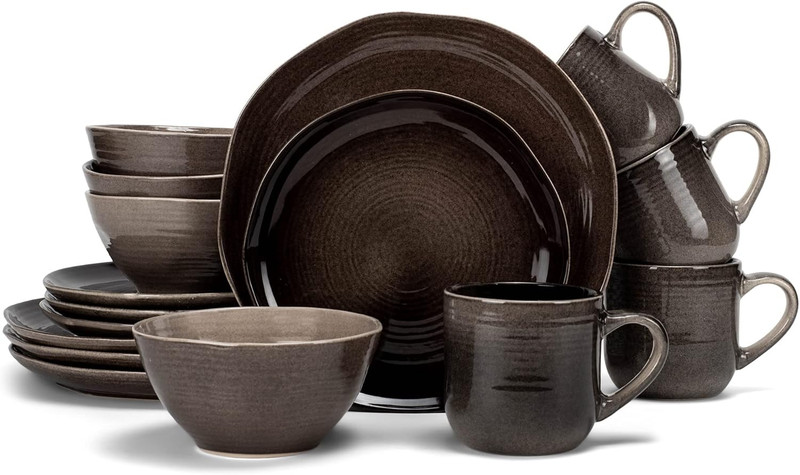 Rustic Boho 16-Piece Ceramic Dinnerware Set – Mocha Grey Ombre for 4