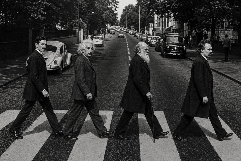 Abbey Road of Great Minds – Einstein, Tesla, Darwin & Nietzsche | Black & White