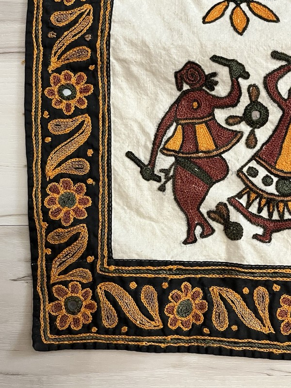 VTG Indian Embroidered Mirror Textile Hanging Folk Art 56x19 Tapestry Banner gallery
