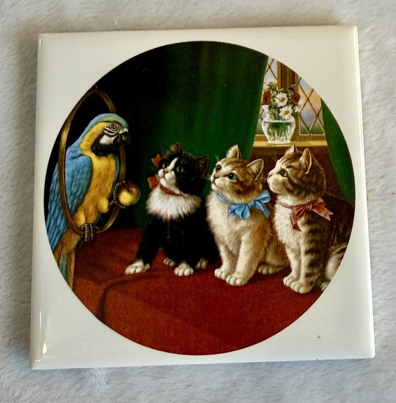 Art Tile Kittens with Parrot Trivet Decorative Tile