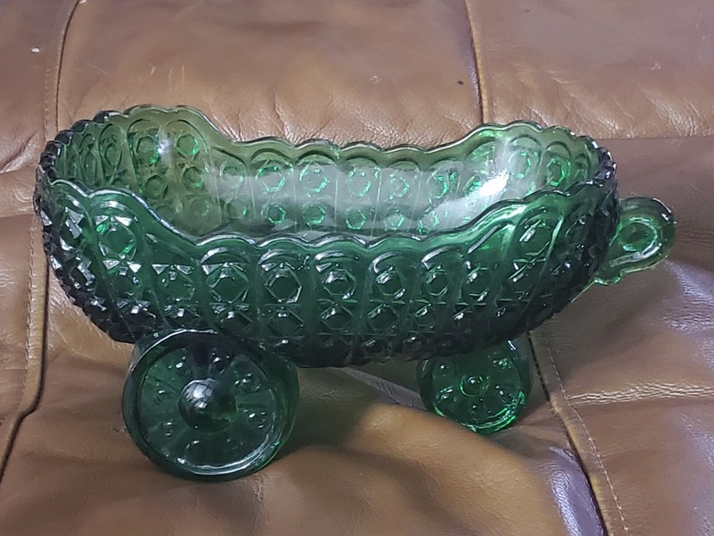 Large Deep Green Glass Daisy & Buttons Baby Carriage Candy Dish 9″ X 5-1/2″ X…