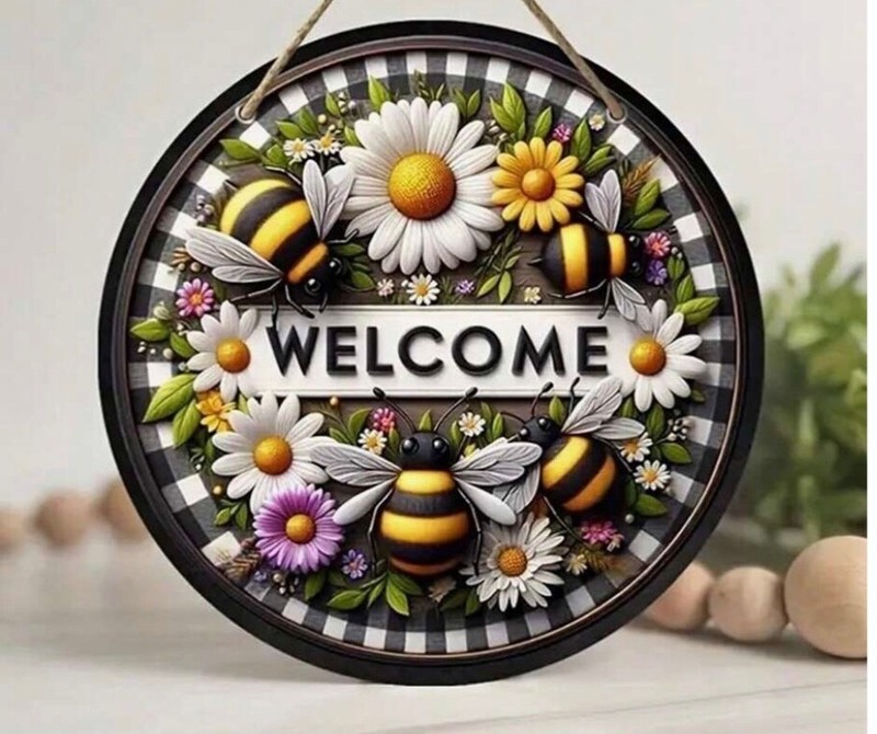 WELCOME Wood Sign Wreath Center Bee Daisy Spring Summer 8 x 8
