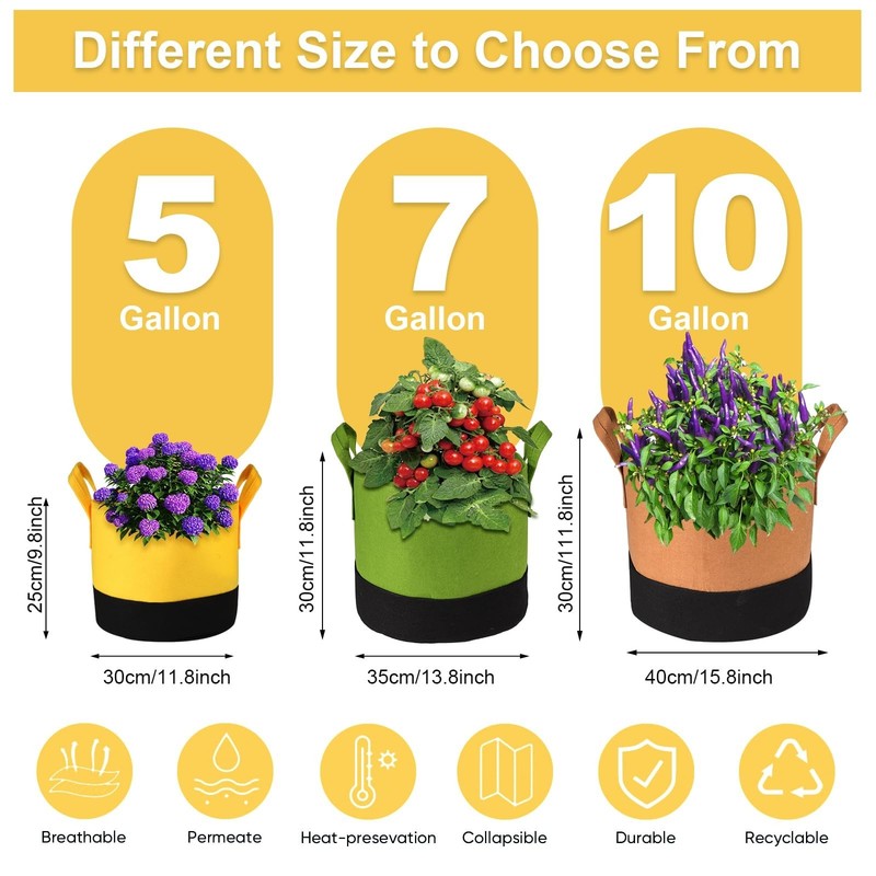 6-Pack 5/7/10 Gallon Grow Bags - 350G Heavy Duty Fabric Pots with H... Fast Ship gallery