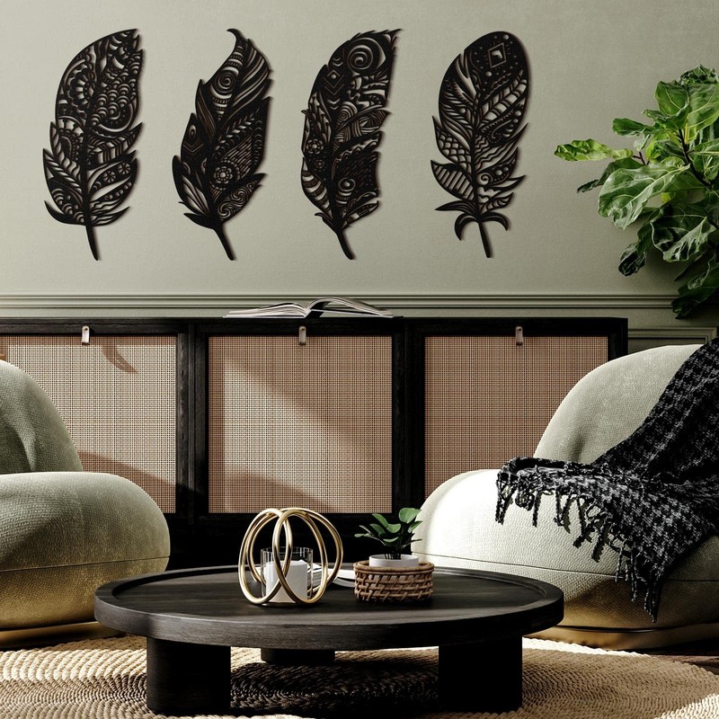 Qunclay 4 Pieces Feather Wall Decor Wooden Feather Wall Art Boho Wall Decor L... gallery