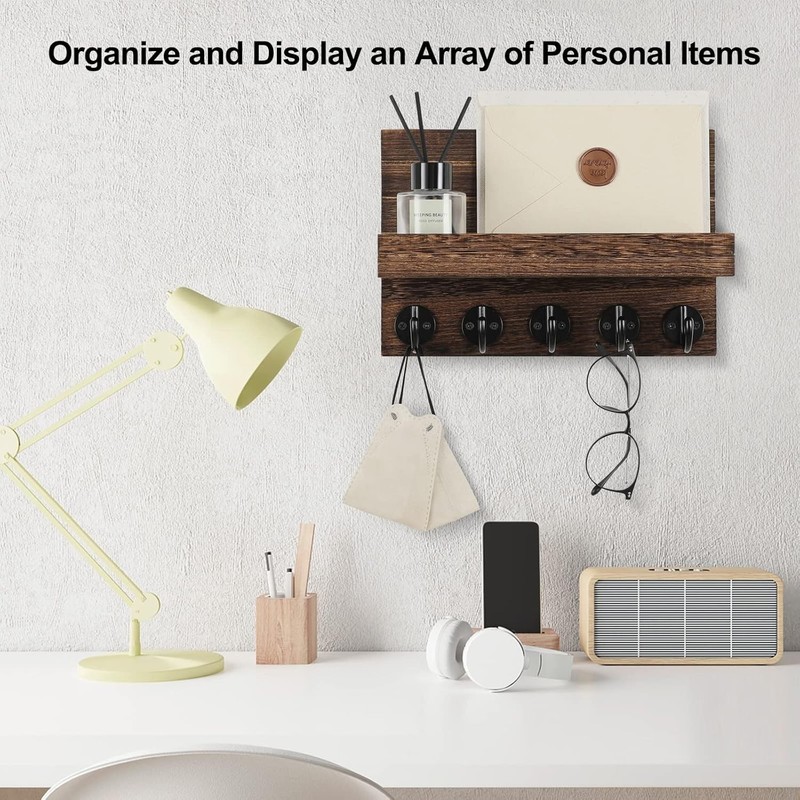 Chic Decor Key Holder with Shelf - Versatile 5-Hook Design for Entryways gallery